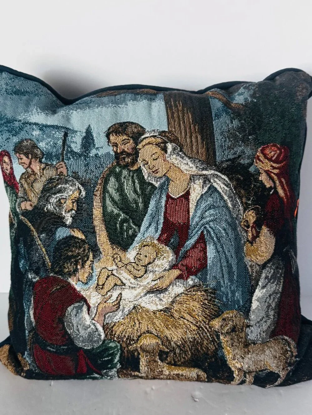 Sue Allison Nativity Scene Christmas Tapestry Throw Pillow 16x16